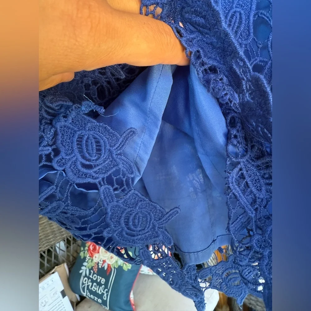 Mango Suit Royal Blue Floral Lace Sheath Dress Scalloped Hem Size 4 - Picture 4 of 11